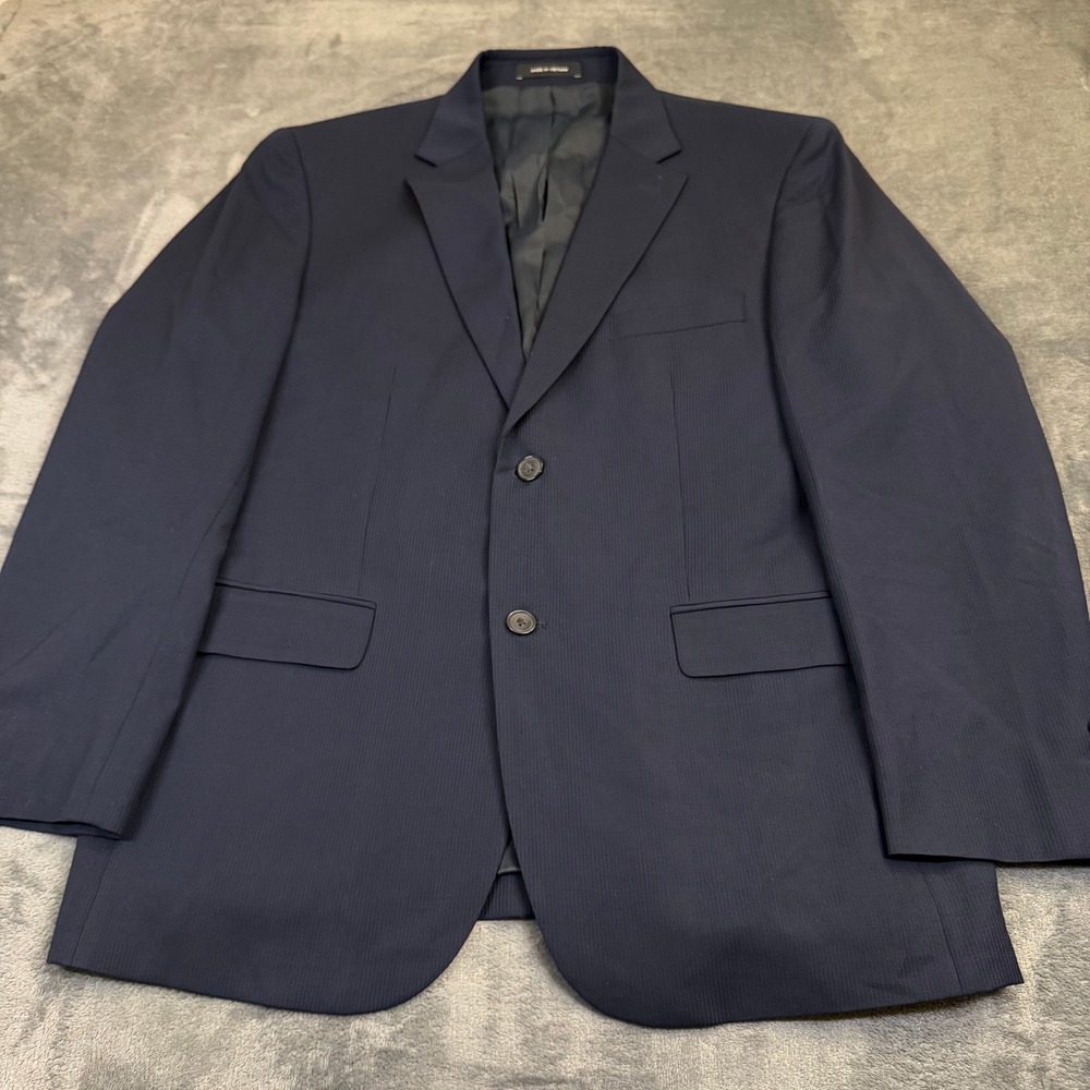 Kenneth Cole Awearness Suit Jacket Mens 44 Regular Navy Wool Blend Pinstripe